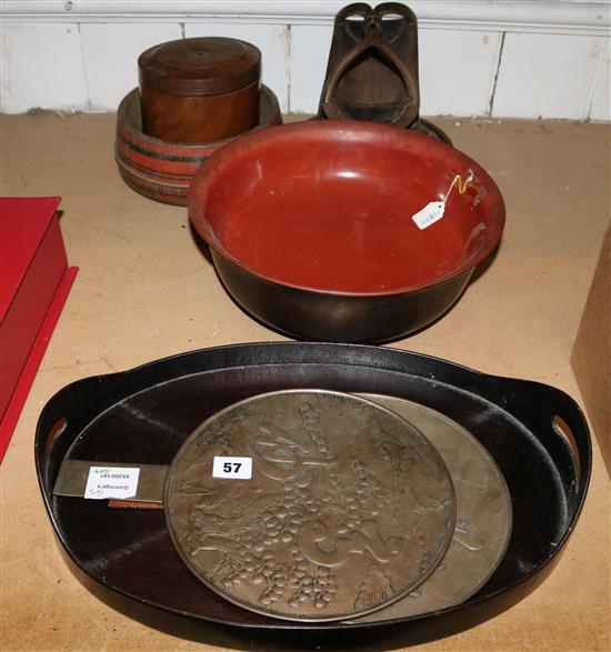 2 Japanese bronze hand mirrors and various bamboo/wood carvings